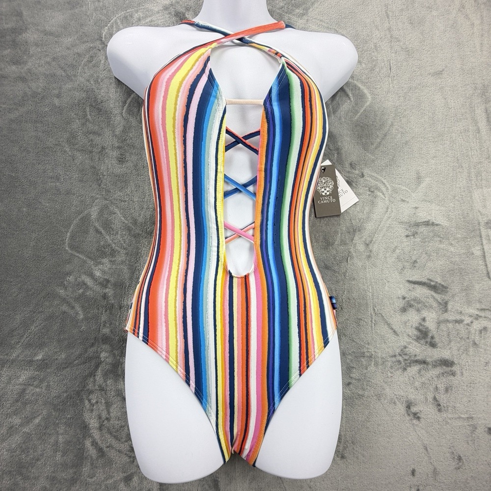 Vince Camuto One Piece Swimsuit Size 8 Rainbow Stripe Lace Up Plunge NWT $108